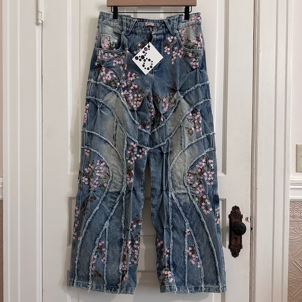 Bad Son CHERRY BLOSSOM DENIM PANTS JEANS Size Small NWT - Picture 3 of 10